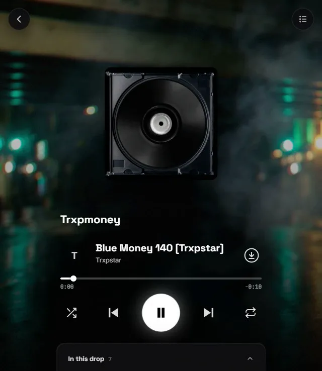 A producer publishing a drop on Spinshare: pasting a Dropbox link, picking the CD face, opening the player, naming the drop's share URL and making a clip for socials